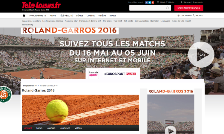 Accord entre Prisma Media et France Télévisions pour diffuser des rencontres de Roland Garros sur les canaux digitaux de Télé-Loisirs