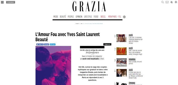 Yves Saint Laurent Beauté s’installe pendant 6 semaines dans Grazia avec ZenithOptimedia et Mondadori Publicité