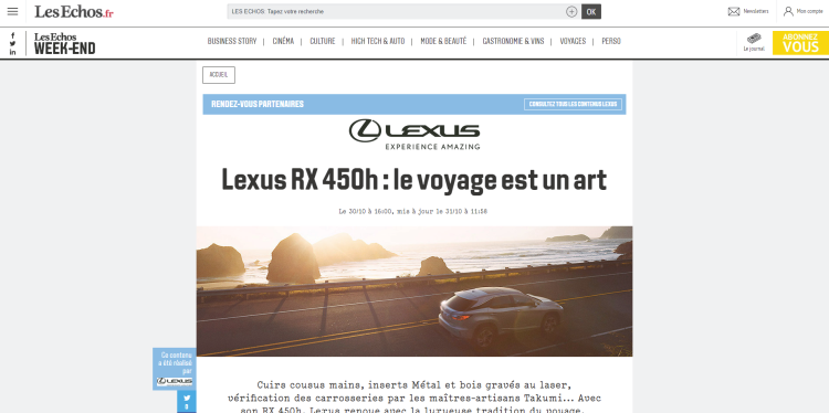 Lexus active tous les leviers de Team Media pour déployer un dispositif 360 avec Les Echos Week-End