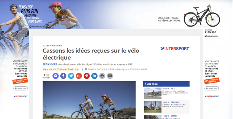 20 Minutes.fr informe sur le vélo électrique pour Intersport avec Blue 449
