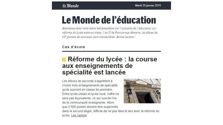 Le Monde route une nouvelle newsletter hebdomadaire consacrée à l’éducation