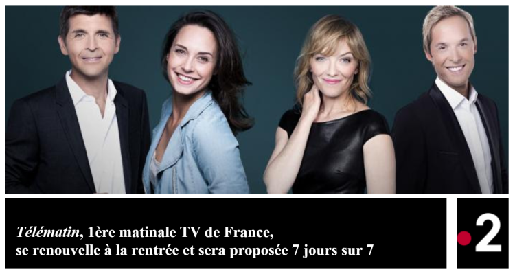 Le duo Julie Vignali-Thomas Sotto en charge de Télématin sur France 2 à la rentrée en semaine. Nouvelle édition prévue le dimanche