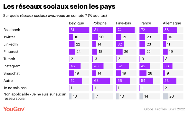 Infographie : l’utilisation des réseaux sociaux par pays, Facebook en tête en France, selon YouGov
